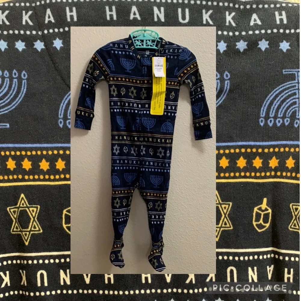 Baby Gap Hanukkah Footie Pajamas 6-12 Months Dreidel Menorah Blue Yellow.
